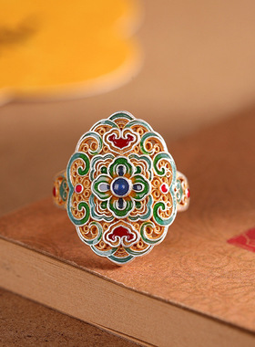 新款文艺复古描金花丝烧蓝戒指开