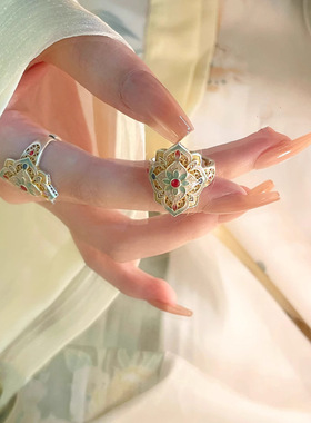 新款描金珐琅彩牡丹戒指国潮风镂