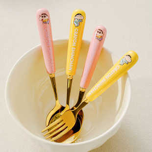 蜡笔小新不锈钢勺叉儿童勺子家用304可爱宝宝吃饭勺汤勺水果叉子