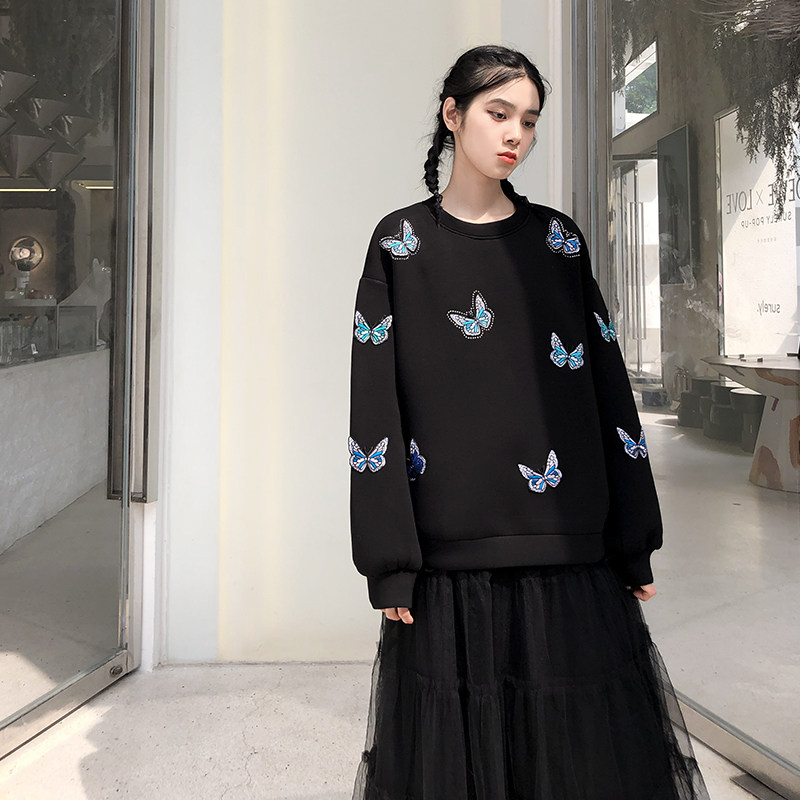 燕尼亚欧货蝴蝶刺绣空气层卫衣女港风 158