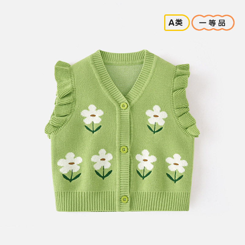 品牌折扣童装女童开衫背心花朵v毛衣/针织衫