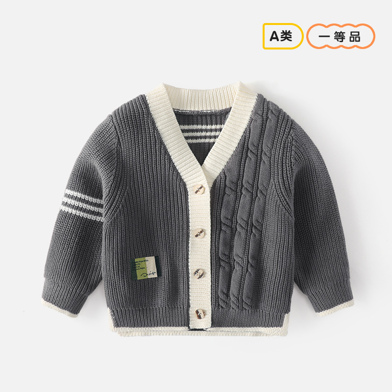 品牌折扣童装中小童V领开衫韩版工艺贴标针织外套春秋保暖毛衫