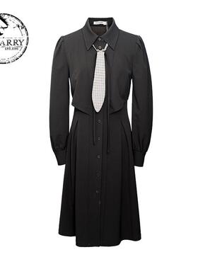 D-HARRY/迪哈利新款复古收腰墨绿色长袖连衣裙DH244J97925T