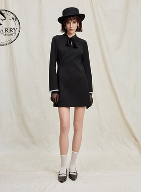 D-HARRY/迪哈利2025冬季新款精致收腰黑色长袖连衣裙DH254J90777B