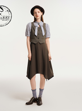 D-HARRY/迪哈利夏季新款咖啡色提花马甲式连衣裙DH242J97209D
