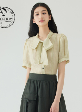 D-HARRY/迪哈利夏季新款复古优雅米色蝴蝶结衬衫DH232D96139D