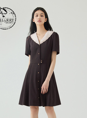 D-HARRY/迪哈利夏季新款复古优雅咖色短袖连衣裙DH232J96161D
