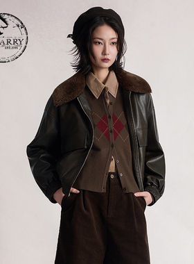 D-HARRY/迪哈利2025冬季新款咖啡色水洗皮衣上衣外套DH254P91005T