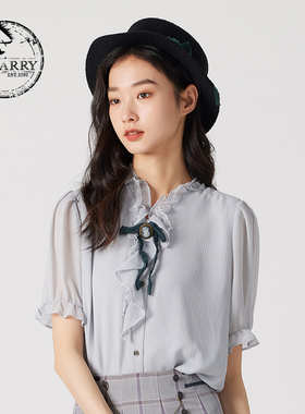 D-HARRY/迪哈利夏季新款复古时尚浅蓝色短袖衬衫DH242D97109D