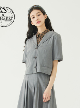 D-HARRY/迪哈利夏季新款学院风海军领灰色短外套DH232A96126D