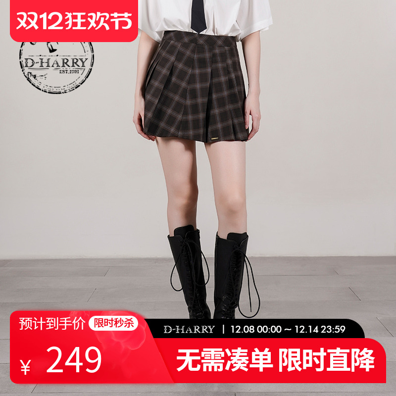 D-HARRY/迪哈利黄咖格纹百褶短裙