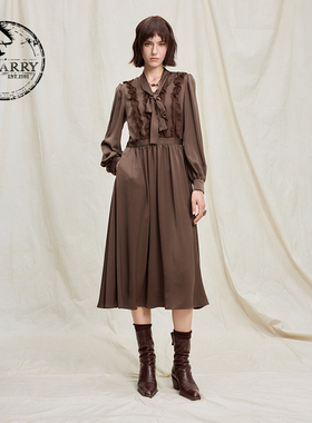 D-HARRY/迪哈利2025冬季新款优雅蕾丝咖色长袖连衣裙DH254J90867B