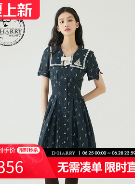 D-HARRY/迪哈利夏新款复古藏青色帆船印花连衣裙DH232J96078D