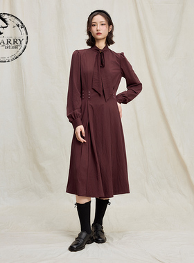 D-HARRY/迪哈利2025冬季新款复古深红色长袖连衣裙DH254J90893B