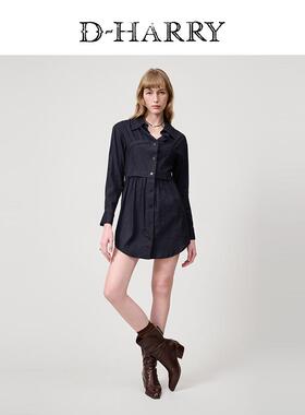 D-HARRY/迪哈利2025春秋新款深蓝色条纹A字连衣裙DH251J90008D