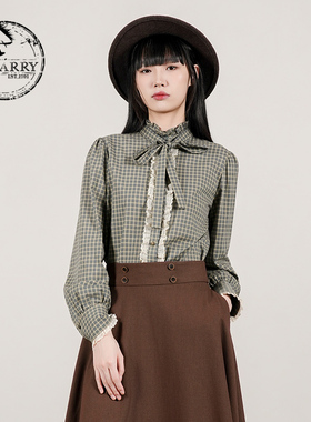 D-HARRY/迪哈利2025秋季新款蕾丝绿色格纹长袖衬衫DH253D90711T