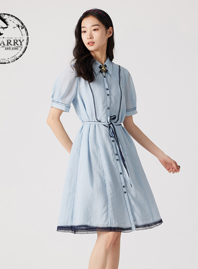 D-HARRY/迪哈利夏新款透气天丝浅蓝色短袖连衣裙DH242J97166D