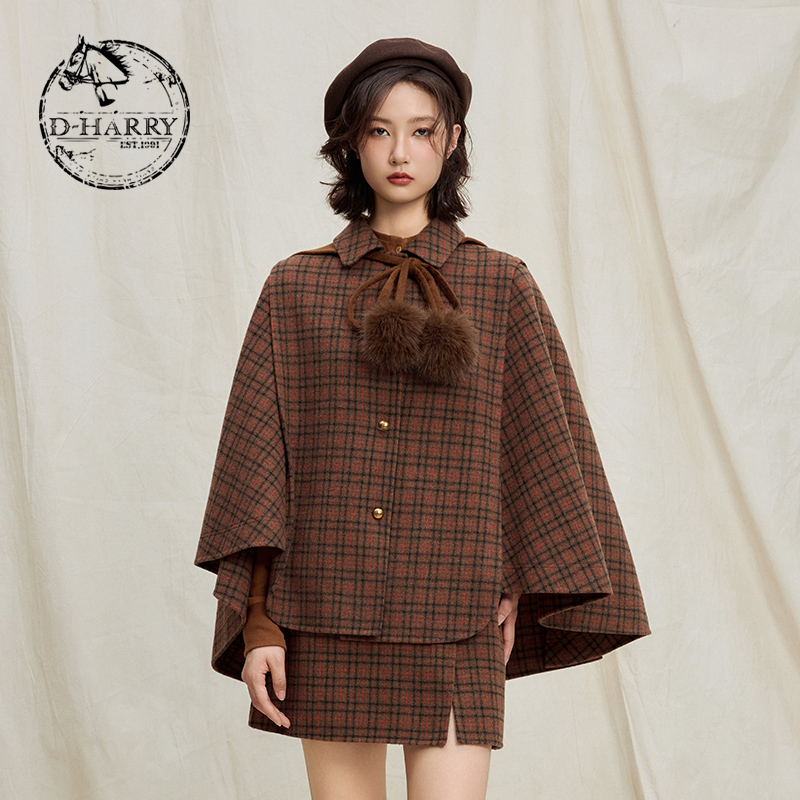 D-HARRY/迪哈利保暖咖色格子披风