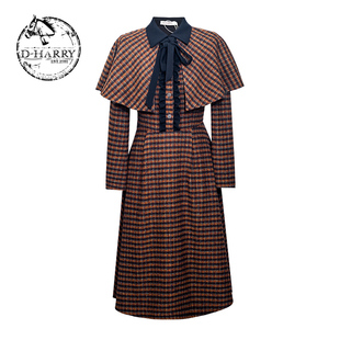 D-HARRY/迪哈利2025冬季新款学院咖色格纹长袖连衣裙DH254J91013T
