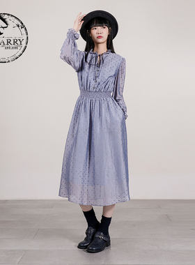 D-HARRY/迪哈利2025秋季新款优雅蓝色波点长袖连衣裙DH253J90713T