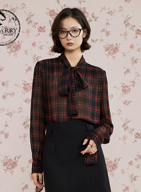 D-HARRY/迪哈利2025秋季新款飘带领红色格纹上衣单衣DH253R90677B