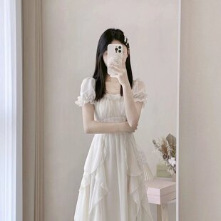 收腰显瘦中长款 法式 女装 方领甜美温柔仙女风连衣裙女夏季 裙子 新款