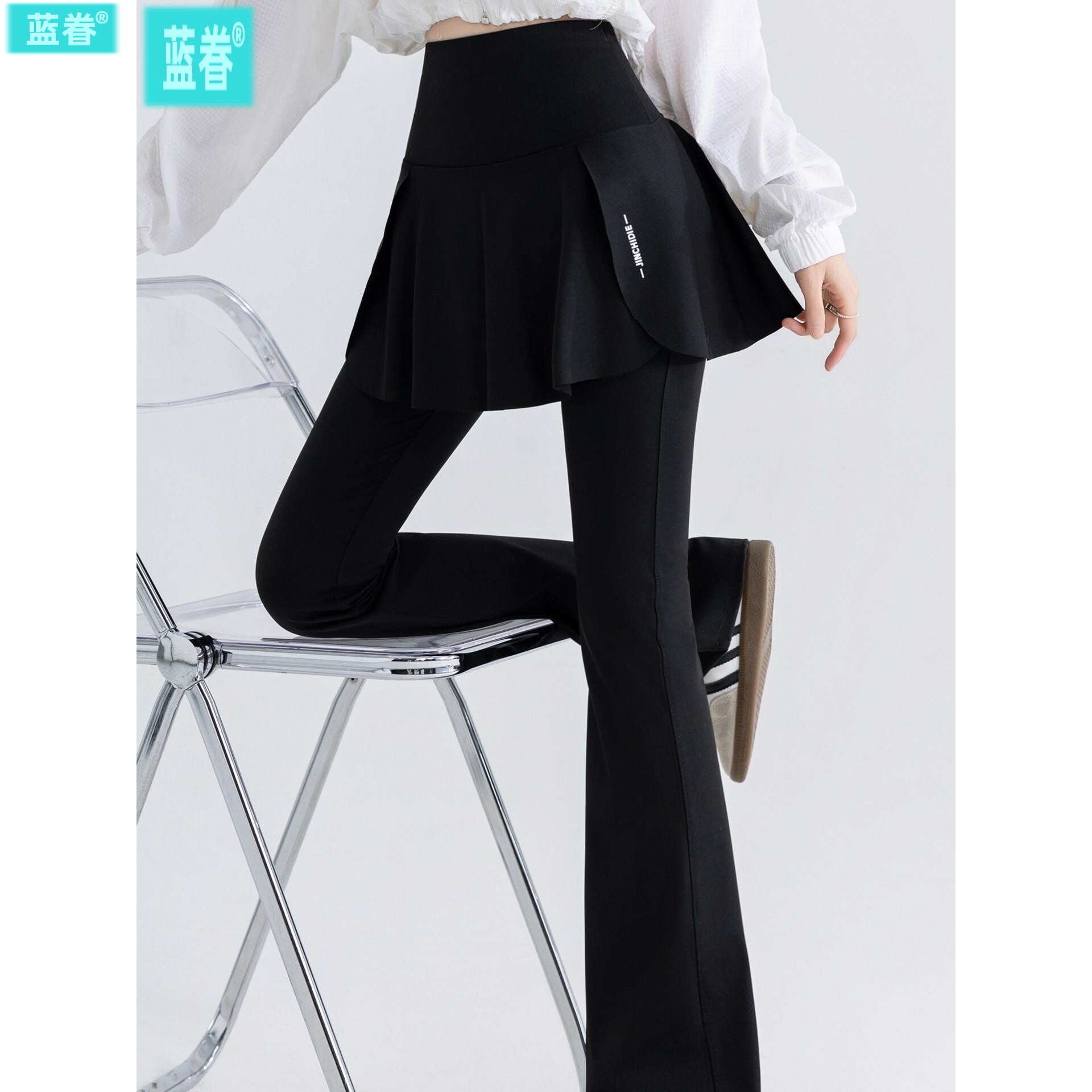 假两件微喇叭鲨鱼裙裤女春夏薄款高腰口袋外穿运动瑜伽大码打底裤
