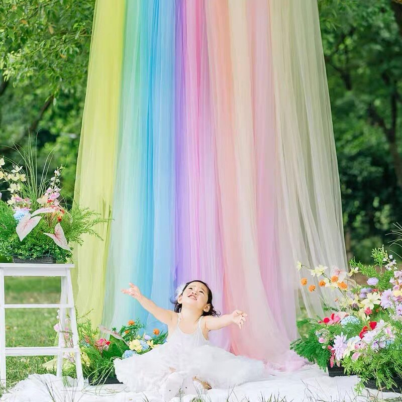 彩虹纱幔生日拍照道具儿童周岁派对装饰场景布置纱布拍照背景布