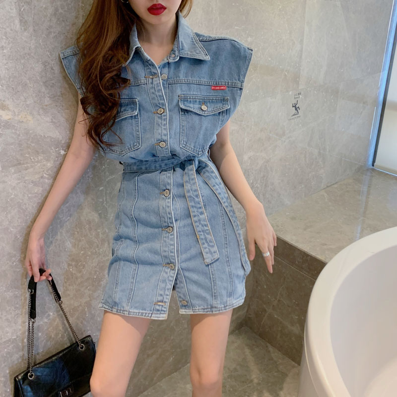 Real temperament sleeveless denim skirt women's Korean single breasted polo collar waist strap dress fashion