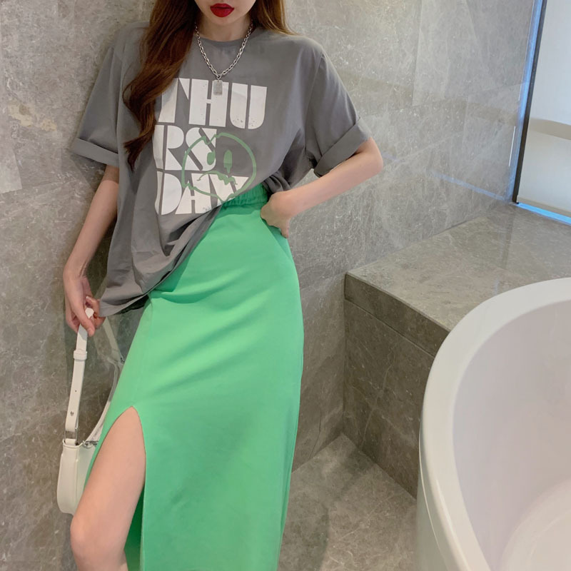 Real Hong Kong style letter round neck Short Sleeve T + high waist show thin loose casual measurement split solid color foreign style skirt
