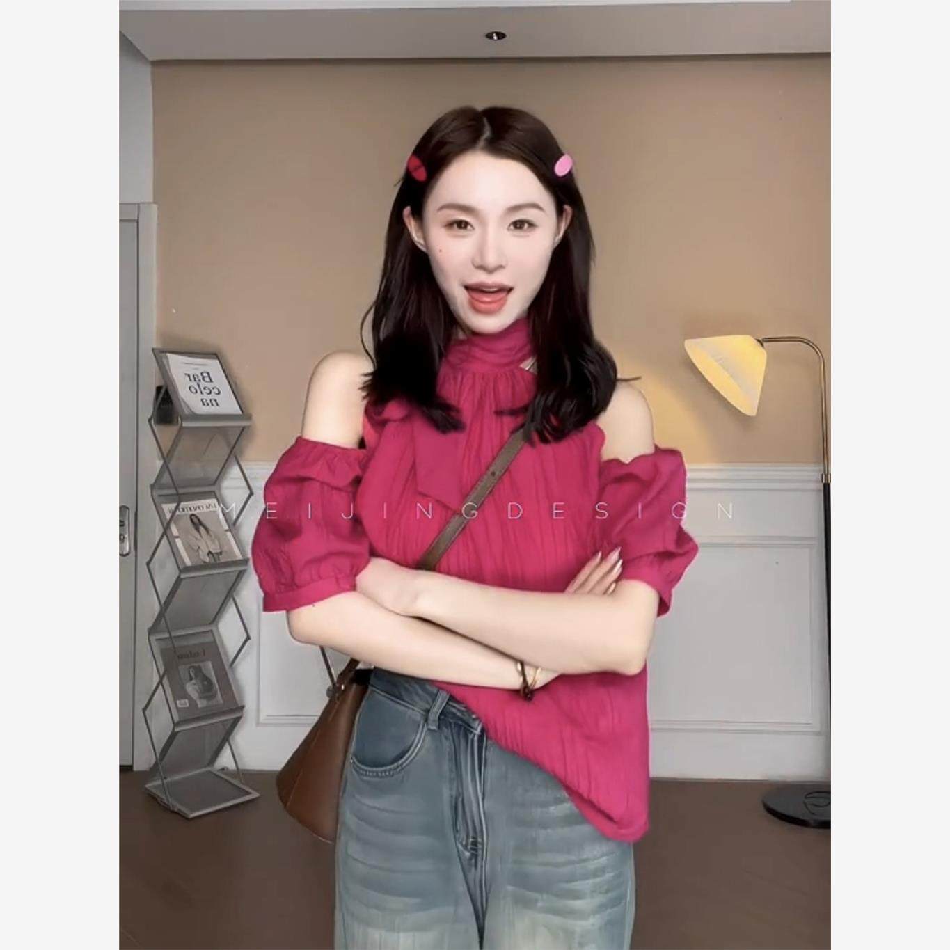 设计感小众甜美挂脖露肩衬衫女夏季2024新款法式别致泡泡袖娃娃衫,女装/女士精品,衬衫,淘宝优惠券,粉丝福利购,淘宝优惠卷