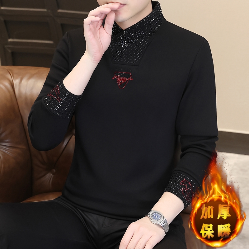 轻奢欧货男士长袖T恤黑色烫钻休闲百搭时尚男装上衣秋冬季打底衫