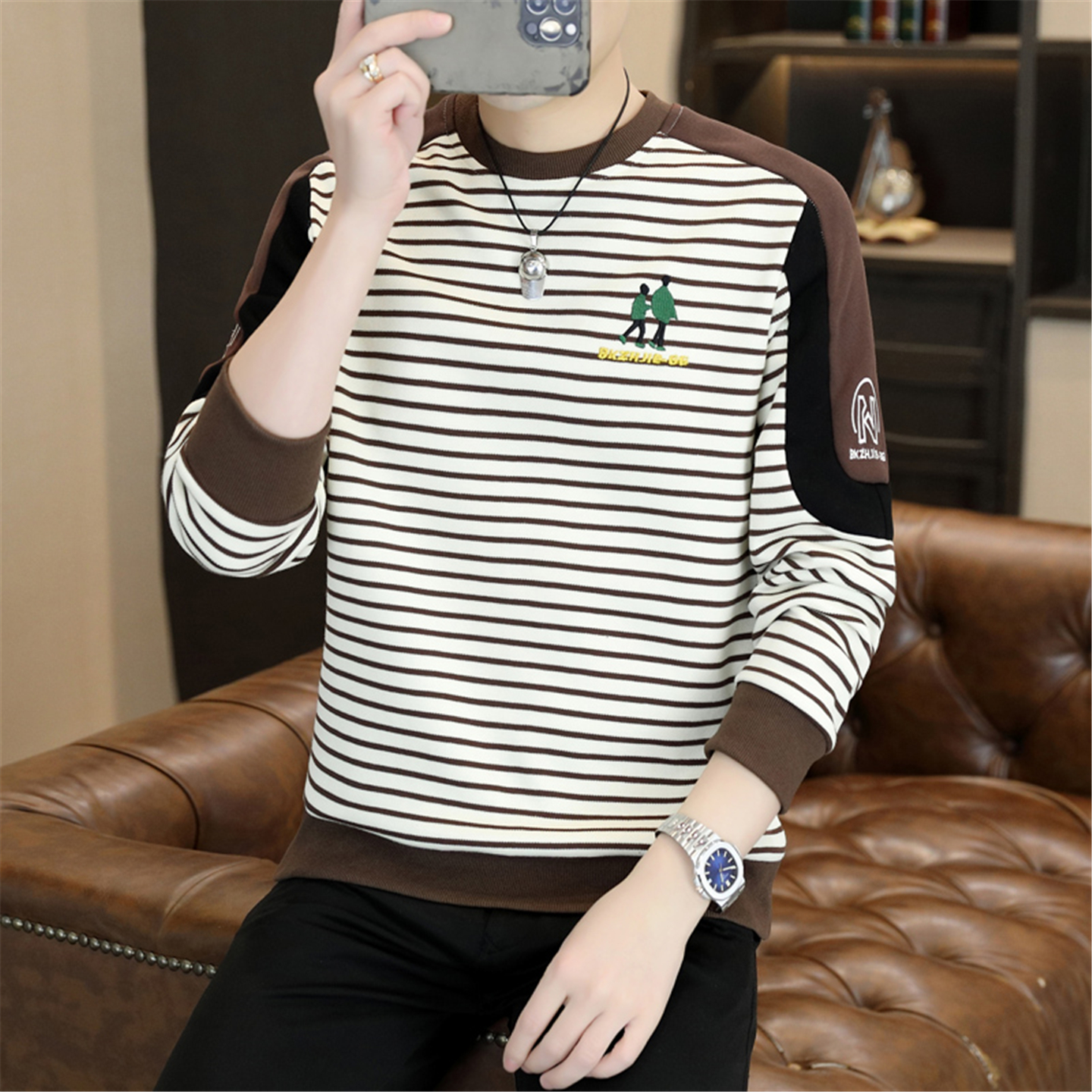 条纹长袖t恤男士春秋季潮流新款圆领百搭打底衫时尚卫衣男装上衣