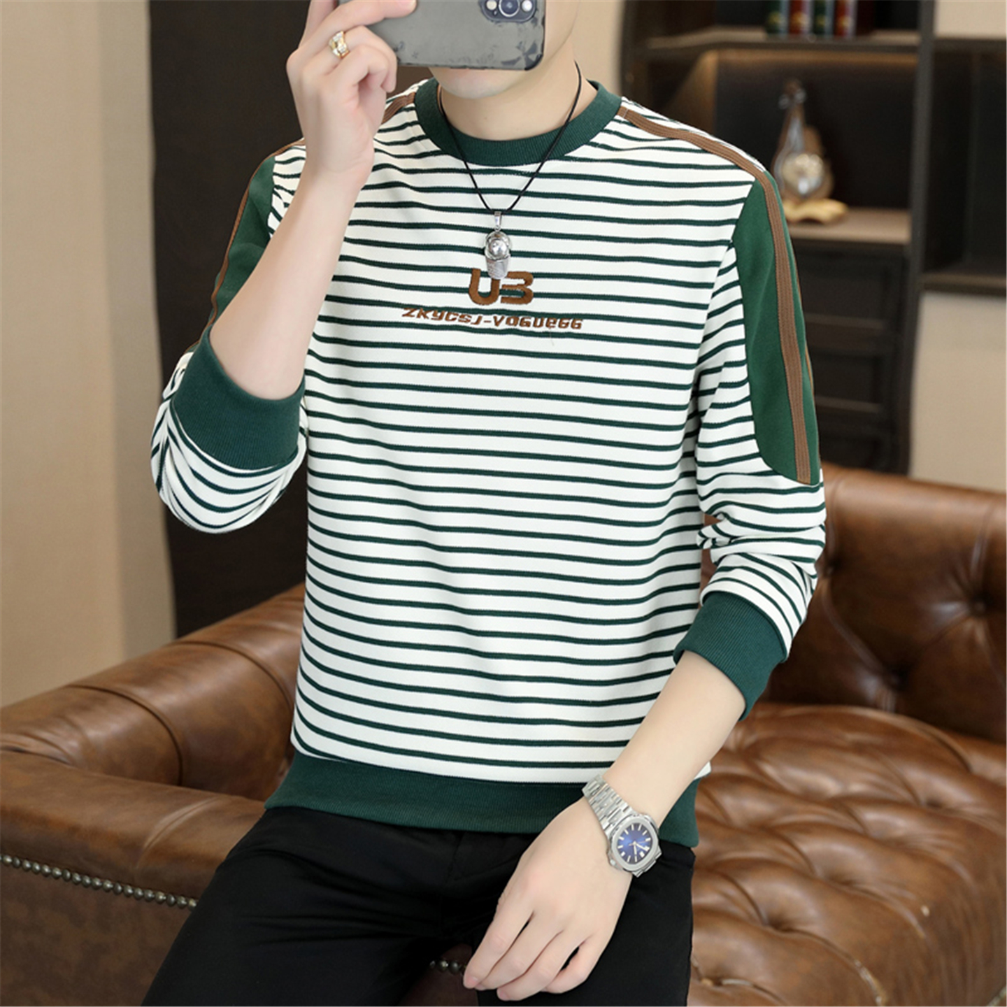 长袖T恤男士潮流时尚条纹体恤打底衫休闲百搭拼接圆领卫衣上衣服