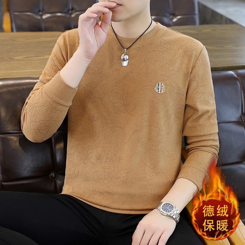 2025新款秋冬季德绒卫衣男士长袖保暖打底衫圆领套头潮牌男装上衣