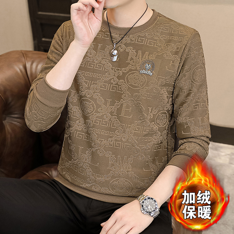 秋冬季男士圆领卫衣加绒加厚上衣