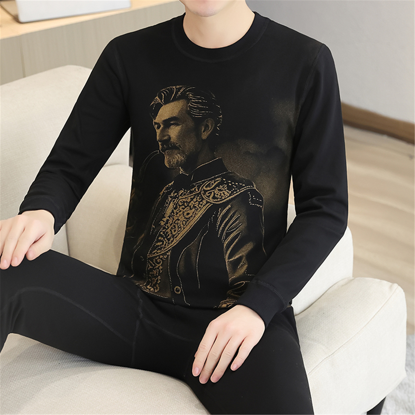 2025秋冬季新款纯棉保暖内衣套装男潮流时尚印花高档秋衣秋裤男装