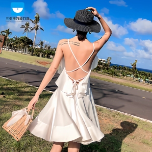 三亚-实拍马尔代夫海岛度假风泰国露背连衣裙巴厘岛沙滩短裙仙