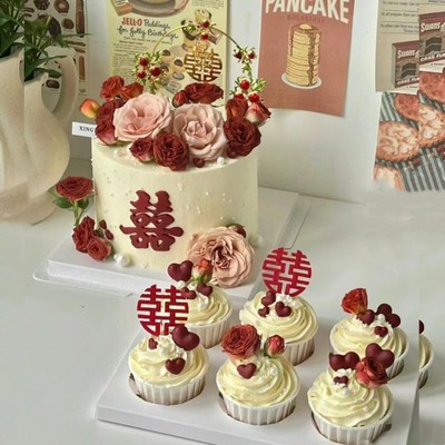 中式红色订婚甜品台蛋糕装饰吾家有喜凤凰石榴喜结婚婚礼蛋糕插牌