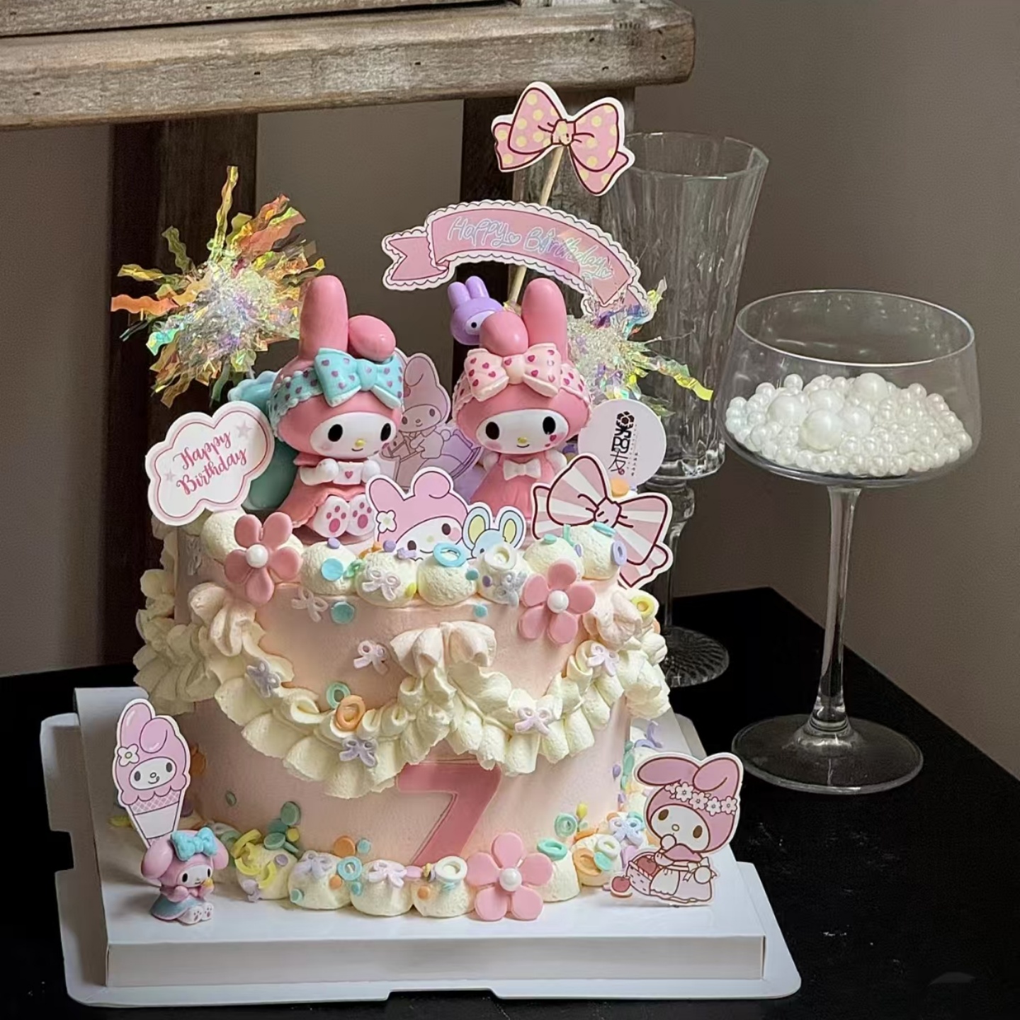 网红睡衣美乐蒂蛋糕装饰三丽鸥库洛米KT猫女孩生日粉色蛋糕配件