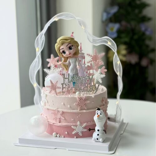 爱莎公主生日蛋糕城堡雪花发光飘带粉色卡通造型儿童女孩蛋糕插件