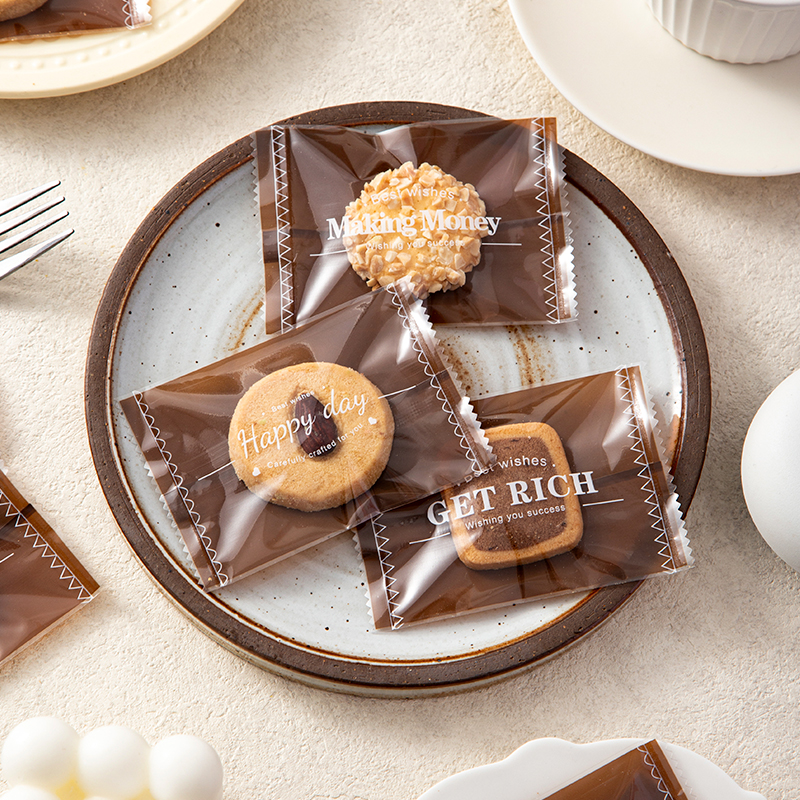 加厚雪花酥包装袋咖色英文机封袋