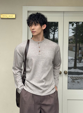TECHFIT秋冬新款亨利领长袖T恤男宽松休闲百搭纯色打底衫上衣