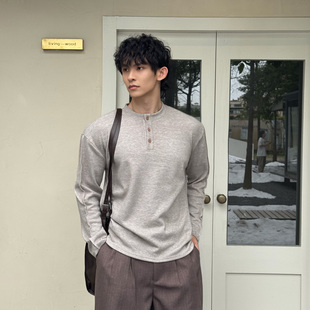 TECHFIT秋冬新款亨利领长袖T恤男宽松休闲百搭纯色打底衫上衣