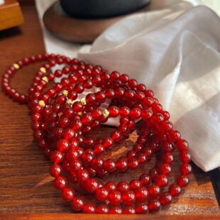 天然红玛瑙手链女起荧光红玉髓手串新年红火本命年小金珠好运礼物