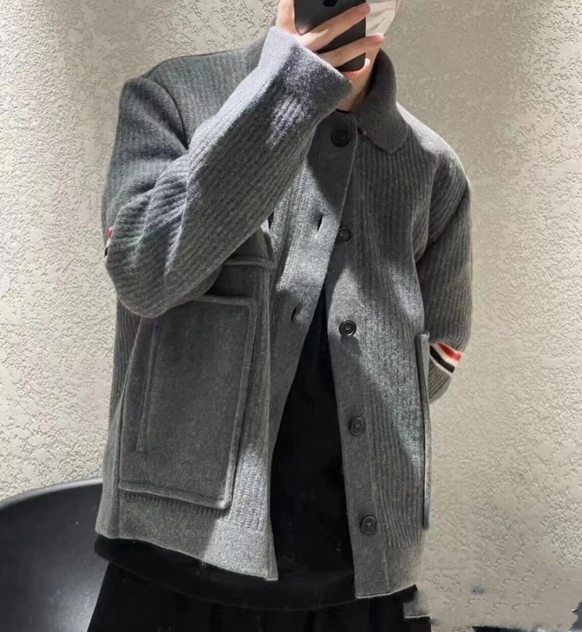 TB 多口袋袖标双袖色织织带翻领牛角扣羊毛毛呢夹克外套男女情侣
