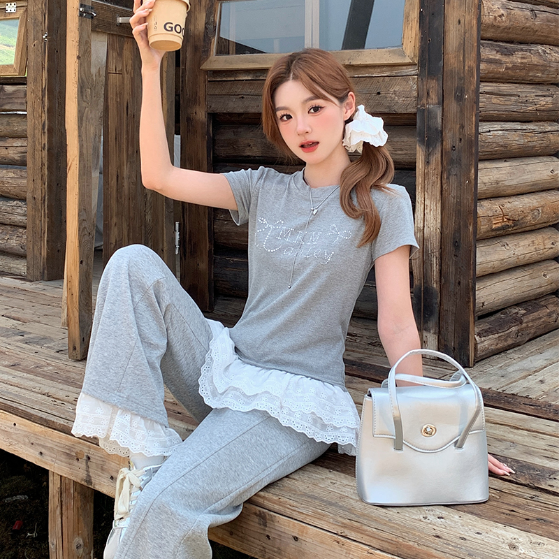 MKManley原创设计新款纯欲烫钻蕾丝花边短袖t恤套装夏季修身显瘦