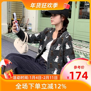 MKManley小猫针织开衫女设计感小众显瘦软糯内搭满印毛衣早秋冬季