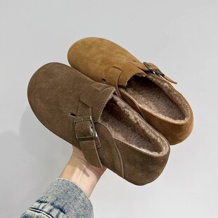 真皮勃肯鞋女加绒冬2025新款一脚蹬平软底舒适乐福豆豆休闲棉单鞋