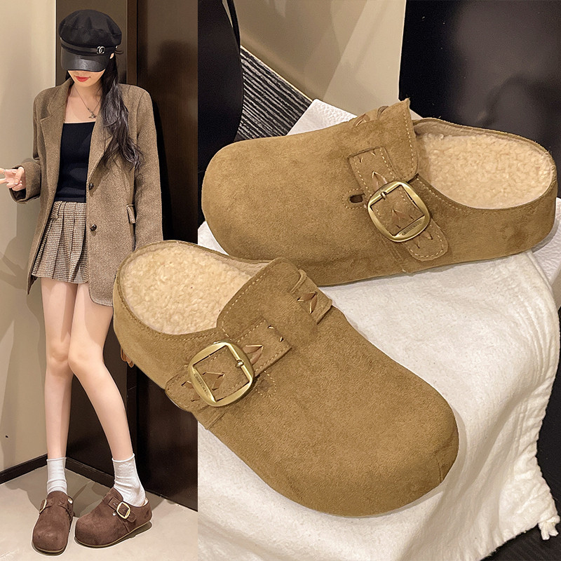 内增高加绒勃肯包头半拖鞋女外穿2025秋冬新款真皮厚底毛毛棉拖鞋